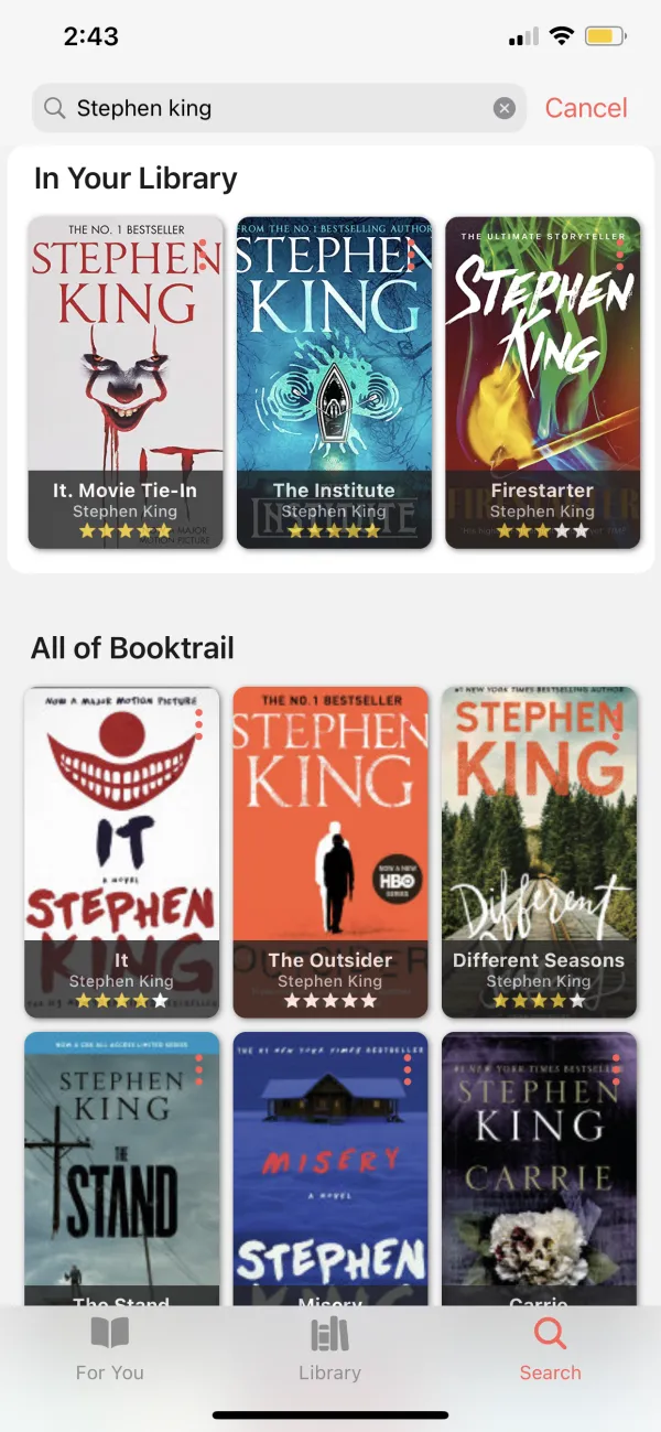 BookTrail iOS search results grouped into your library and all of BookTrail